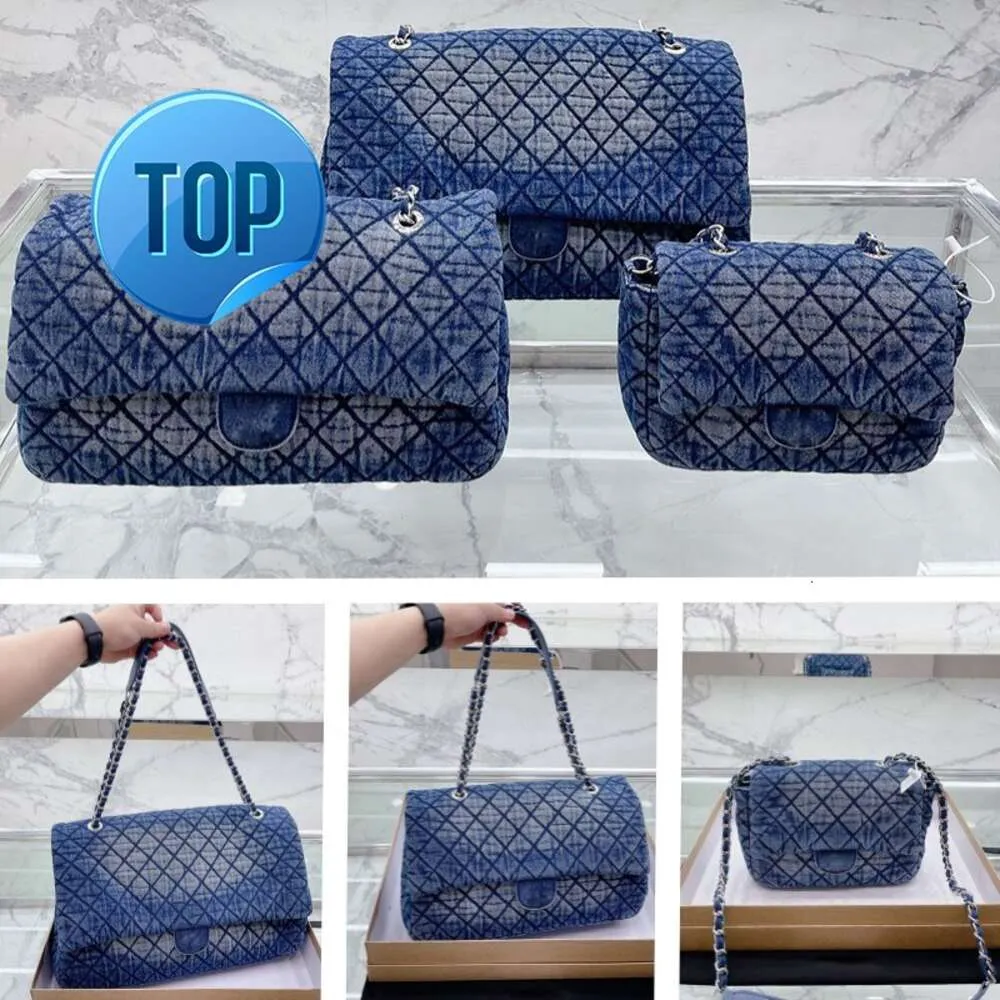 Classic Denim Blue CC Flap Bag Luxury Designer Women's Handbag Crossbody Tote Shopping Shoulder Vintage Embroidery Print Silver Hardware 3 Sizesk