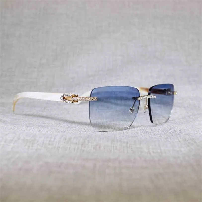 2024 Designer Solglasögon Glasögon Modell Vintage Rhinestone White Buffalo Horn Rimless Men Wood Sun Glasses Metal Frame Nyans för Summer Club Eyewear