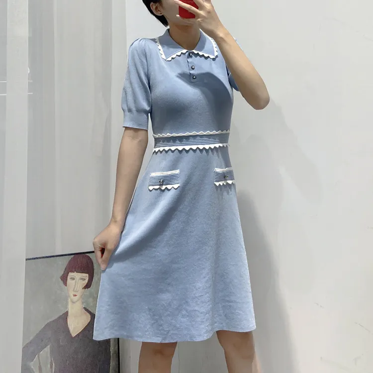 Mini Hi-Lo Knit Dress with V-Neck Polo Collar and Contrast Wave Lace, Short  Sleeve, Acetate Material from Dhgate Basic & Casual Dresses - price 78.16