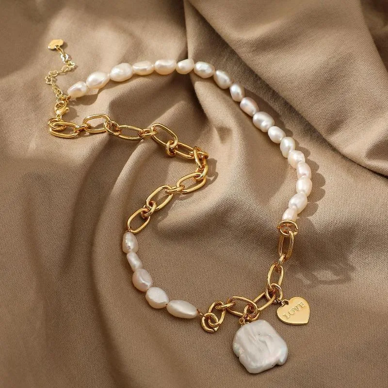 Naszyjniki wiszące duże duże kwadrat naturalny świeżo perłowe miłosne urok Mury łańcuch naszyjnik dla kobiet eleganckie barokowe serce pendan