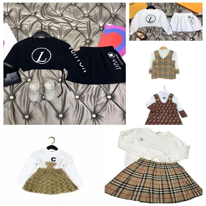 Lente en herfst designer set voor babymeisjes met lange mouwen, blouserok, tweedelig katoen, high-end briefsplitspak, maat 90-160 cm h014