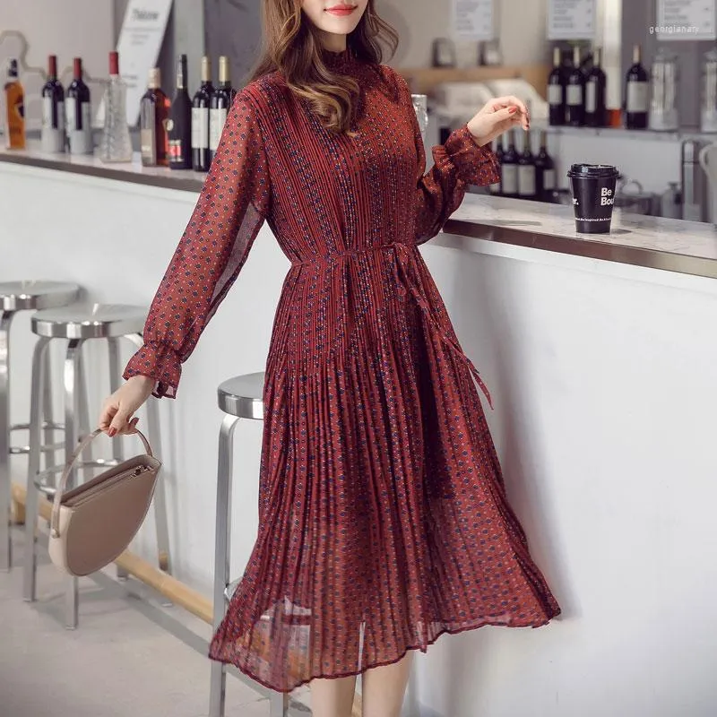 Casual Dresses HStar Plus Size O-neck Print Chiffon Women Dress Flare Full Sleeve A-line Female Pleated Midi Vestidos