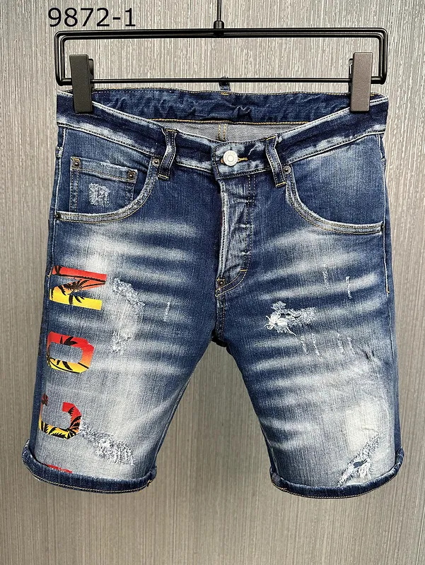 Jeans adam şort mavi yaz yarım pantolon için kısa denim erkek pantolon delik metal düğmesi dsquar sıska ince yamalı su yıkanmış akçaağaç yaprağı tasarımcısı üst kaliteli