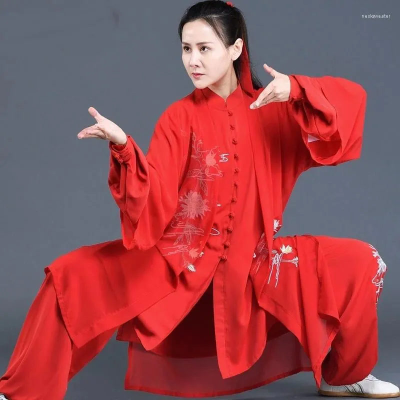 Roupas étnicas Vermelho Tai Chi Uniforme Kungfu Artes Marciais Terno Chinês Bordado Wushu Costume Outfit FF3739