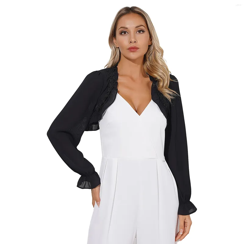 Giacche da donna Cardigan in chiffon da donna Ricamo floreale Manica lunga Bolero corto Aperto sul davanti Coprispalle con volant Coprispalle per viaggi vacanze