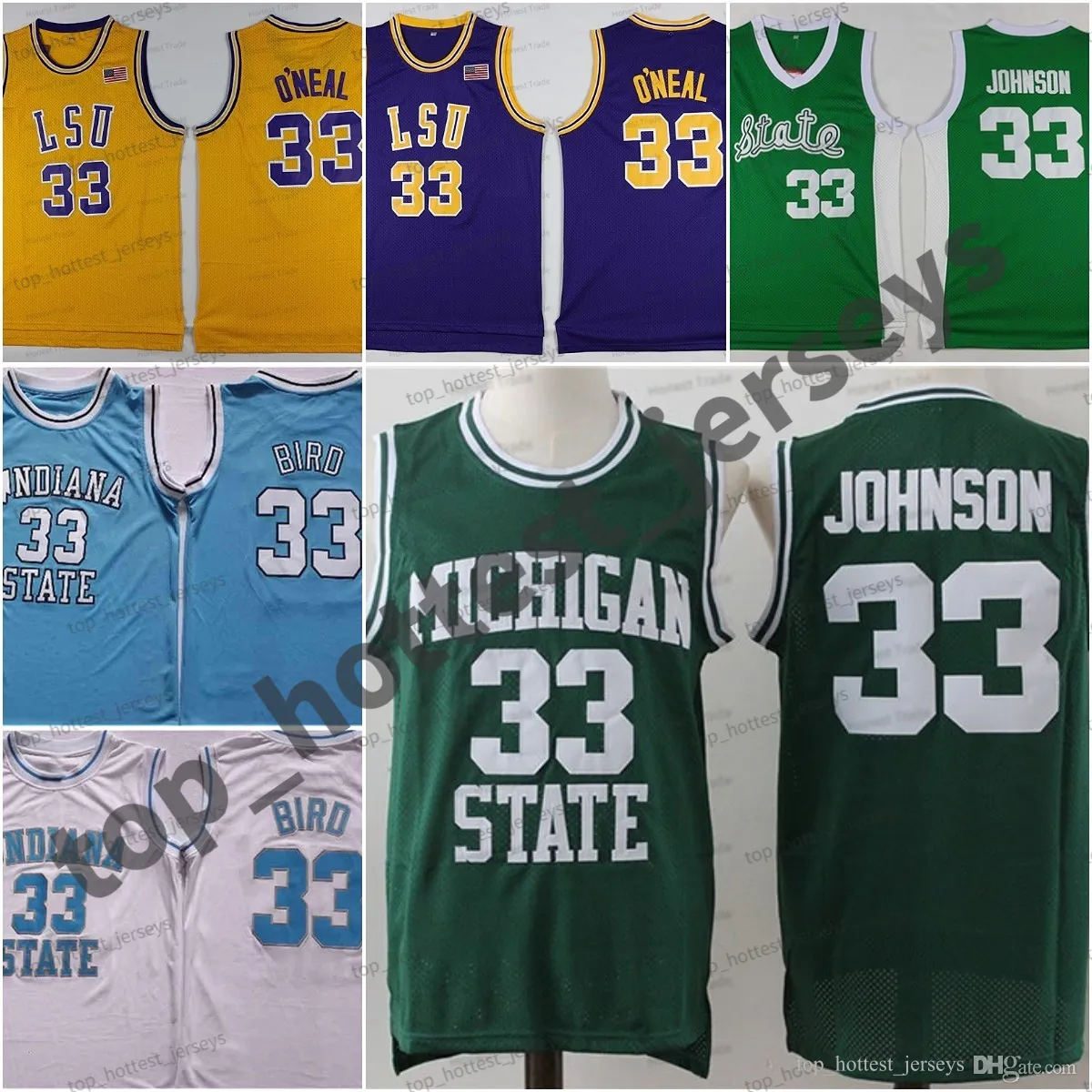 Indiana State Sycamores 33 Larry Bird White Jersey 33 Johnson Green LSU Tigers 33 Shaquille ONeal Michigan College Football Maglie Mens All Stitched Shirts