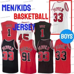 Retro Basketball Jersey Derrick Rose 33 Scottie Pippen 91 Dennis Rodman 23 1 Mens Stitched White Red Throwback Basketball Men Kids Boys Jerseys