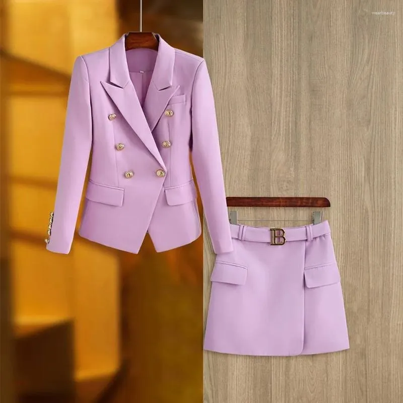 Two Piece Dress Spring Autumn Fashion Women Twin Sets Fresh Lilac 2PCS Blazer Suits Elegant Slim Short Length With Belt