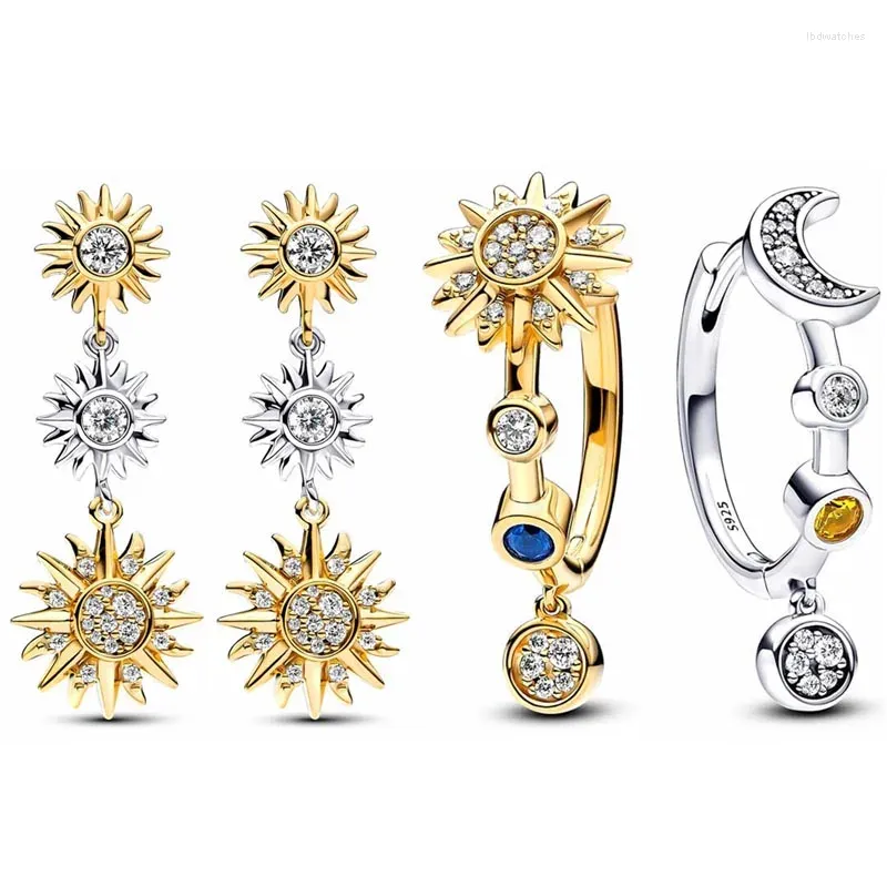 Серьги-гвоздики, подлинные серьги из стерлингового серебра 925 пробы, двухцветные блестящие трехслойные обручи с изображением солнца и луны для женщин, подарок, модные украшения