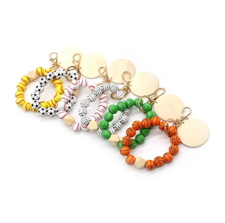 Sublimation Party Supplies Baseball Couleur Perlé En Bois Perle Bracelet Porte-clés Disque Vierge Porte-clés Multicolore En Option SN5206