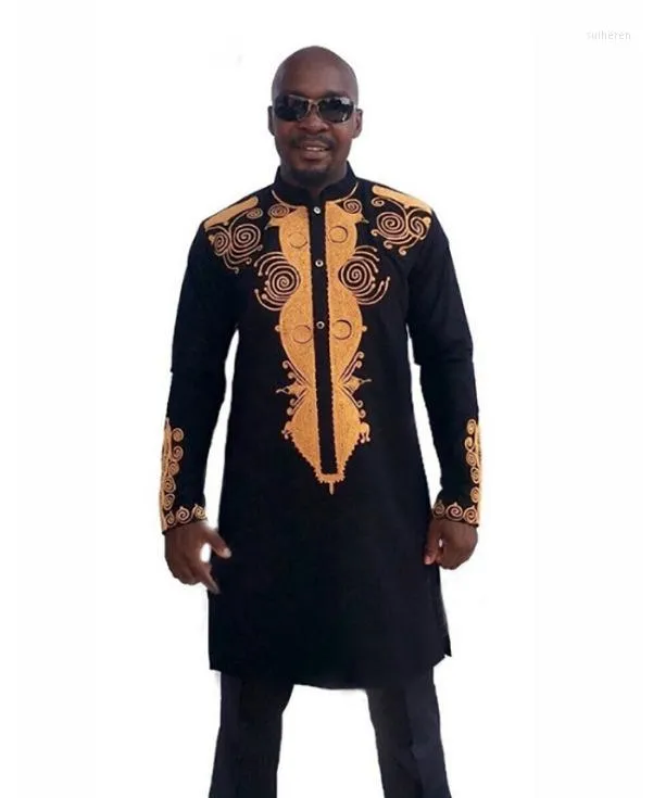 ABBIGLIO ETNICI Black African Dashiki Men a 2 pezzi camicie stampate e pantaloni da uomo a manica lunga