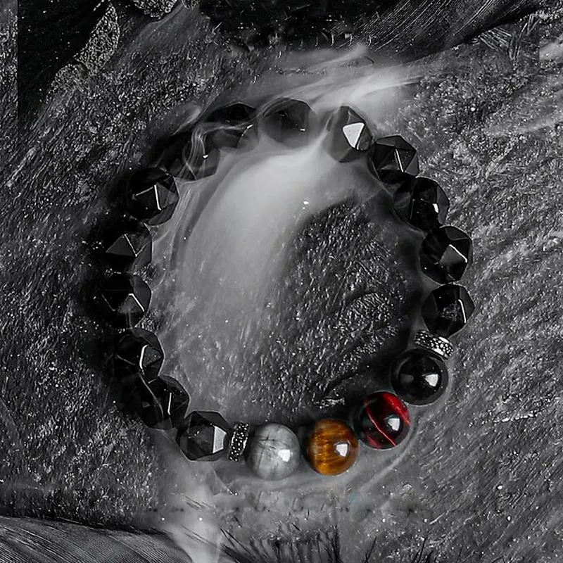 Strand Dark Series Armband Mannen Natuurlijke Facet Obsidiaan Tijgeroog Steen Kralen Energie Koper CZ Pulsera 10MM