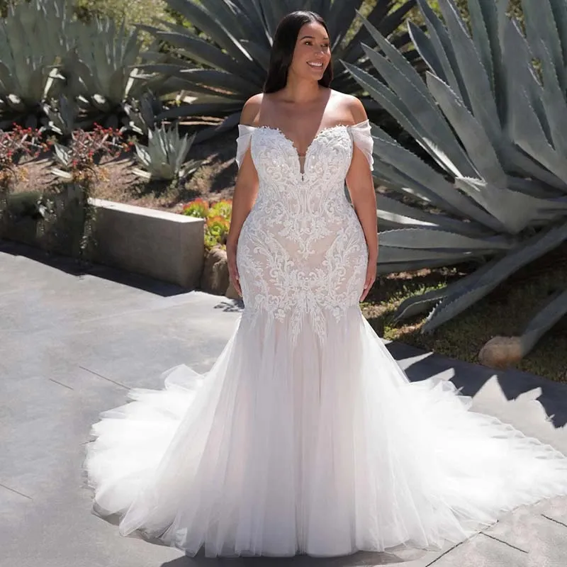 Sexy chérie sirène robe de mariée, plus la taille de l'épaule dos nu robe de mariée dentelle Applique Long Train ivoire Tulle robe de mariée vestidos