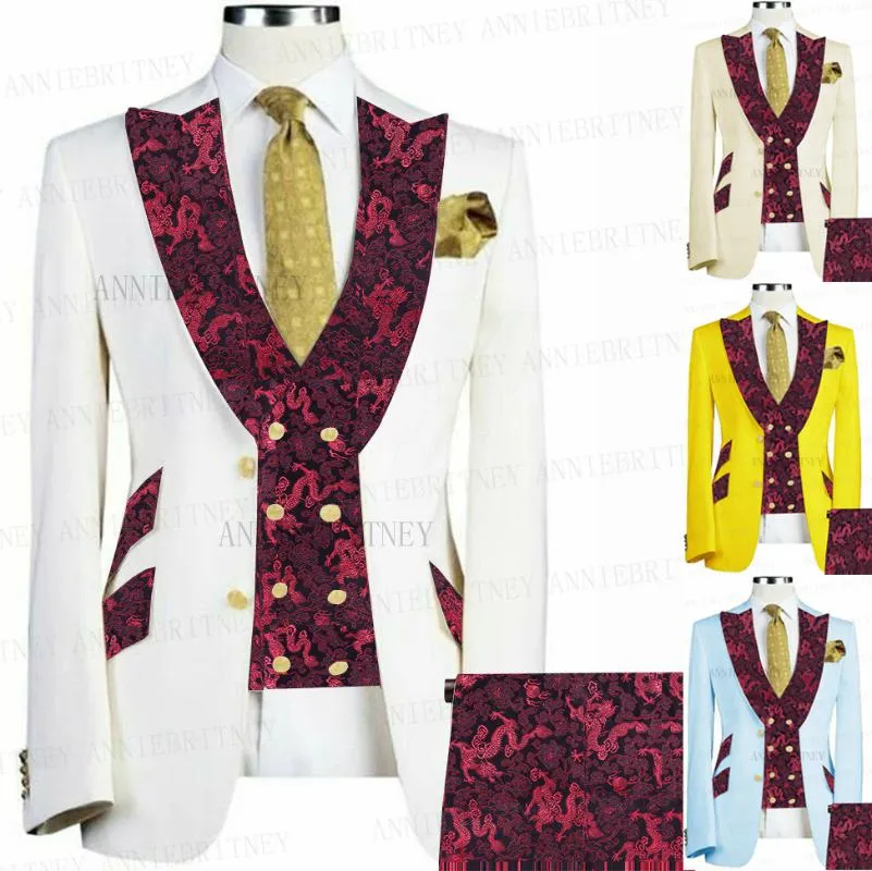 Men's Suits & Blazers 2023 Fashion White Suit Men 3 Pieces Slim Fit Gold Buttons Floral Printed Groom Wedding Prom Jacket Vest Pants Dress T