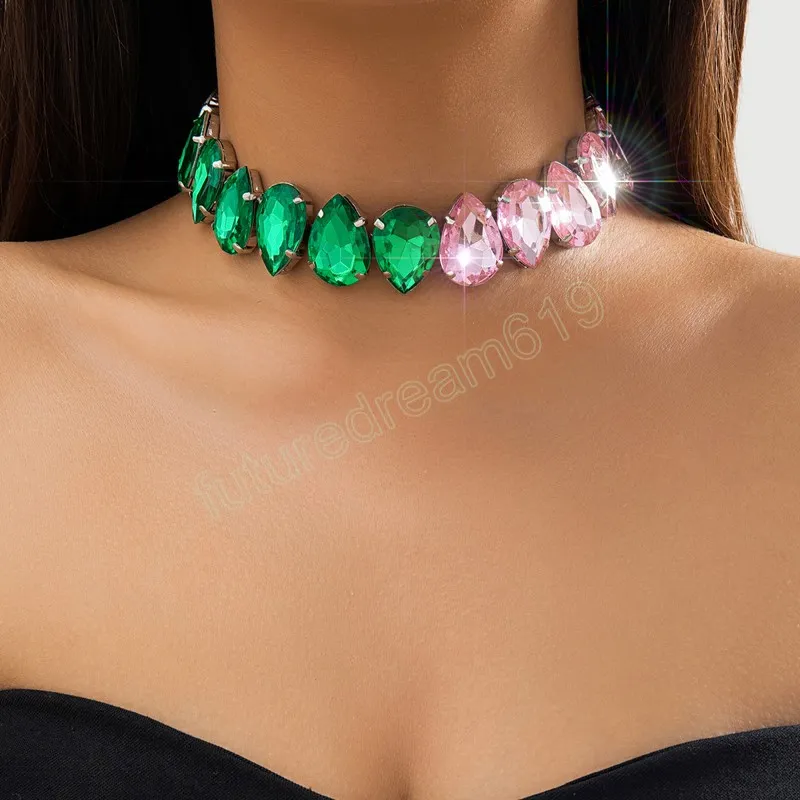 Collier ras du cou en cristal en forme de gouttelette d'eau épissé de couleur verte et rose pour femmes, collier court tendance sur le cou, accessoires cadeau