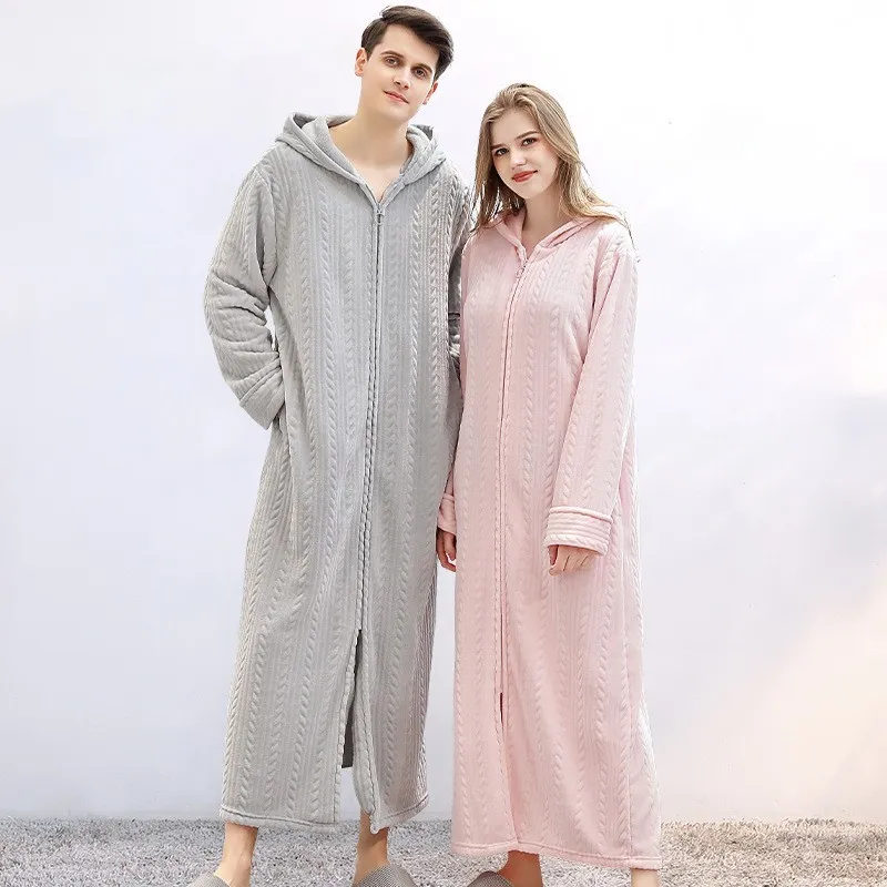 Herbst/Winter-Nachthemd mit Reißverschluss und Kapuze, dicker Pyjama für Paare, langes Flanell-Nachthemd für Damen