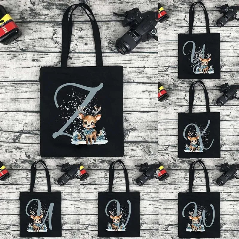 Shoppingväskor kawaii älg mönster canvas tygväska god jul jul xmas initial totes återanvändbara hopfällbara damböcker handväska