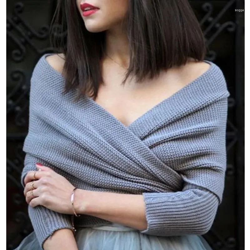 Suéteres de mujer Señoras de invierno con cuello en V Manga larga Jerseys elegantes Mujeres fuera del hombro Abrigo cruzado Suelto Suéter de punto suave Cárdigan