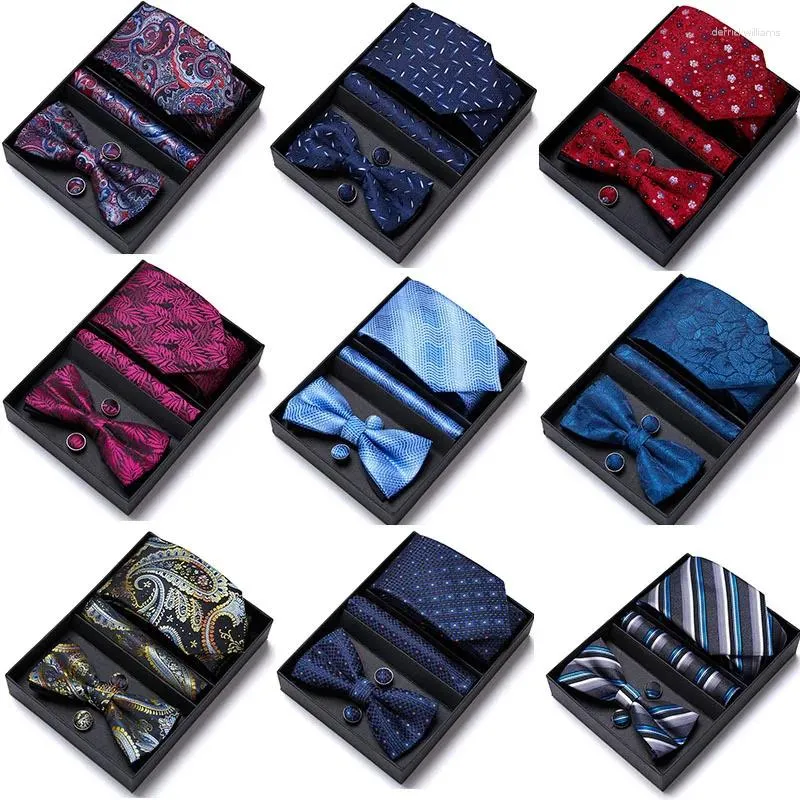 Bow Ties Men Formal Dress Suit NeckTie Hanky Cufflink Tie Set Silk Striped Party Groom Wedding Butterfly Bowtie In Gift Box Package