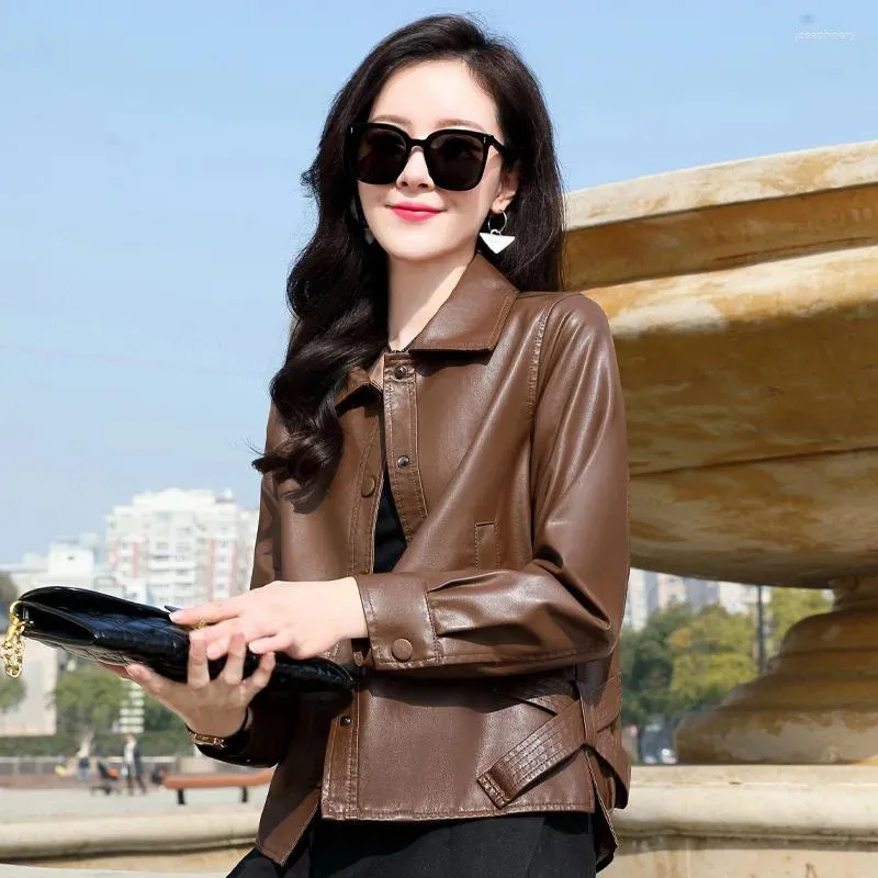 Women's Leather 2023 Spring Washed Pu Coat Bow Tie Western Edition Korean Jacket