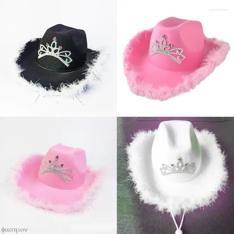 Berets pena guarnição carta cowboy chapéu lantejoulas rosa coroa boné feliz aniversário festa decoração crianças menina princesa decorações de baile
