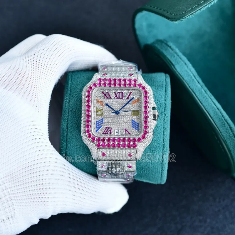 Dameshorloge Diamanten Horloges voor Heren Automatische mechanische herenhorloges Roze diamanten omlijsting Romeins nummer wijzerplaat Kleurrijk Moissanite stenen polshorloge