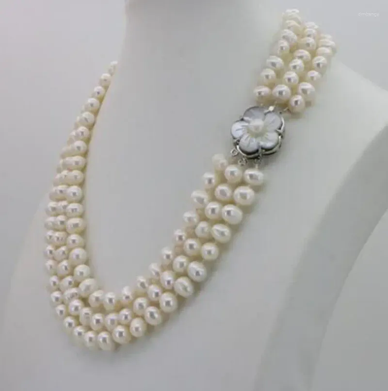 Chains Fashion Jewelry 3 Row 7-8mm White Freshwater Pearl Necklace Chain Floral Buttons Jewelery Women Girl Banquet 17-1