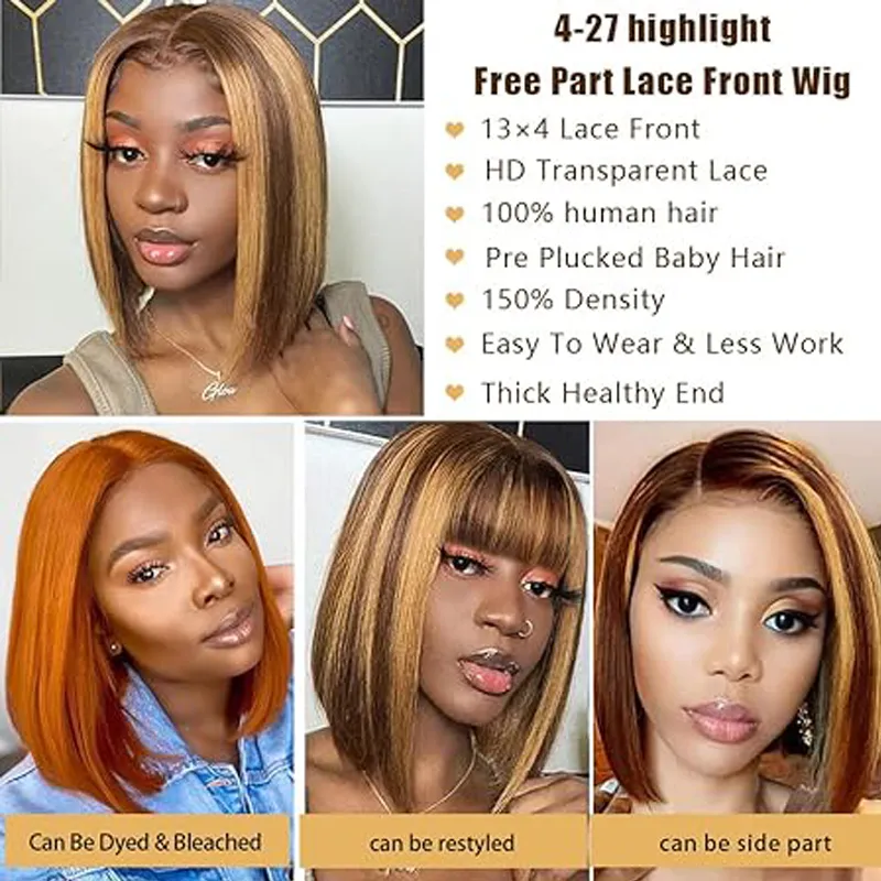 Highlight Ombre Bob Human Hair Wig 13x4 HD Lace Frontal Wig Ombre Bob Pre Plucked With Baby Hair 4/27 150% Density 8-12 Inch