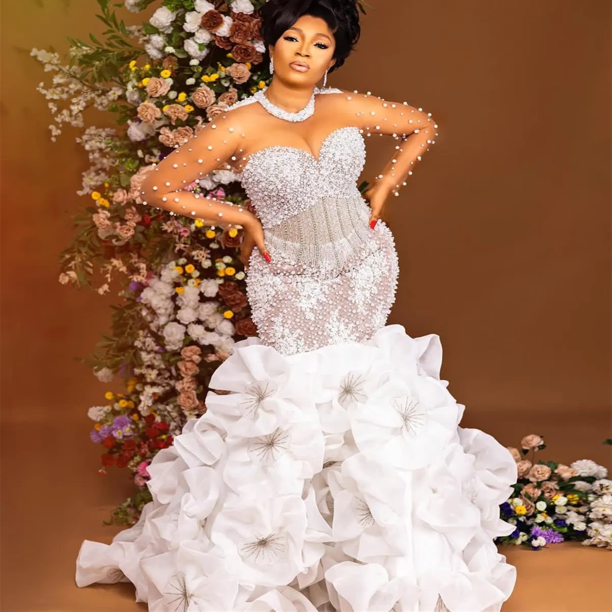 2023 nov Arabiska aso ebi plus storlek Mermaid White Wedding Dress Pärlor Tiers Organza Bridal Gowns Dresses ZJ302