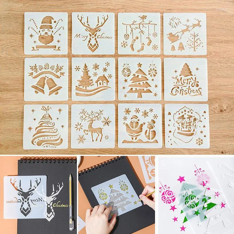 Confezioni regalo 12pcs Stencil riutilizzabili di Natale Modello in plastica per la pittura di disegni artistici