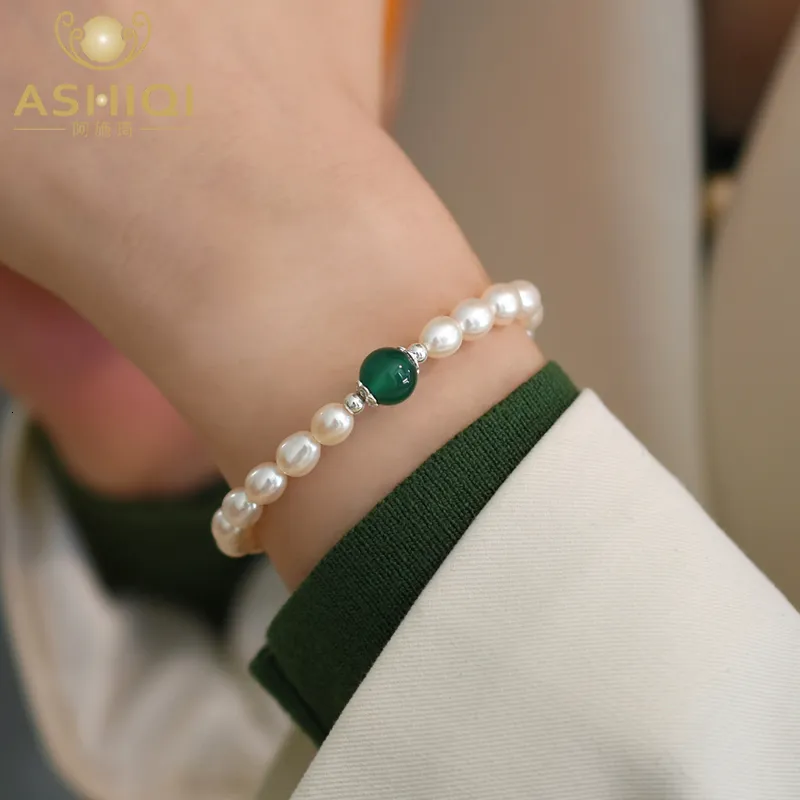 Bracelets de charme ASHIQI Perle d'eau douce naturelle 925 Sterling Argent Vert Calcédoine Bracelet Bijoux de mode pour femmes 230406