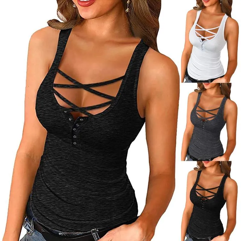 Women's Tanks & Camis Sexy Women Tops And Bloues Cross Summer Sleeveless Shirts Button Down Tank Blouse 2023 Female T Shirt