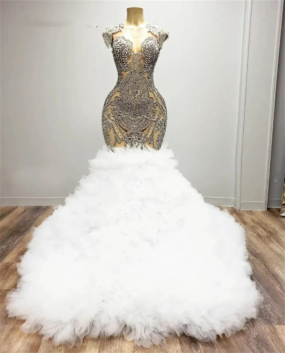 White Tulle Ruched Train Crystal Beading Long Prom... From Missbeautydress,  $178.93 | DHgate.Com