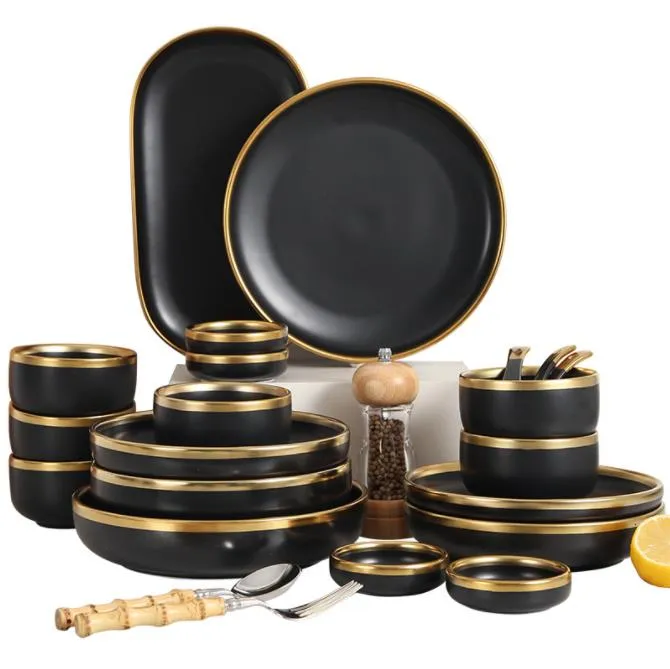 Porcelana de ouro preto conjunto de mesa de mesa de cozinha placa de alimentos cerâmica salada macarrão de arroz 1p conjunto de utensílios de mesa