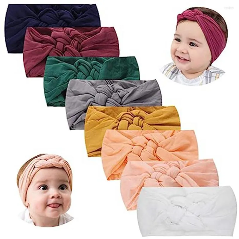 Hårtillbehör baby flicka pannband nylon hårband bågar knutna turban för födda barn småbarn barn 8 st