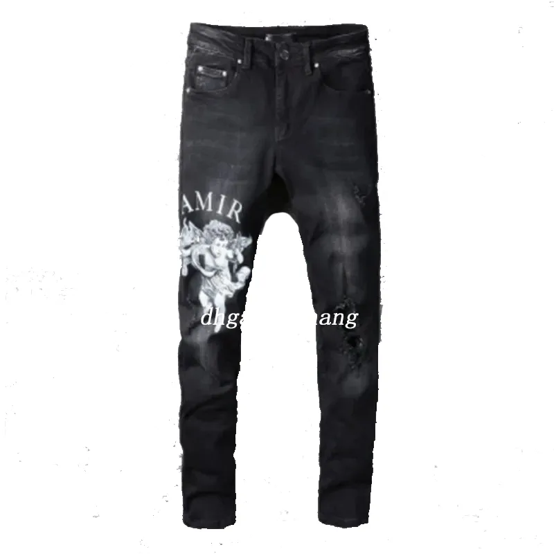 Airi Black Letter Angel Printing Slim Jeans Mens Jeans Skinny Streetwear Motorcykelbyxor Hip Hop Men Los Hombres 773243772