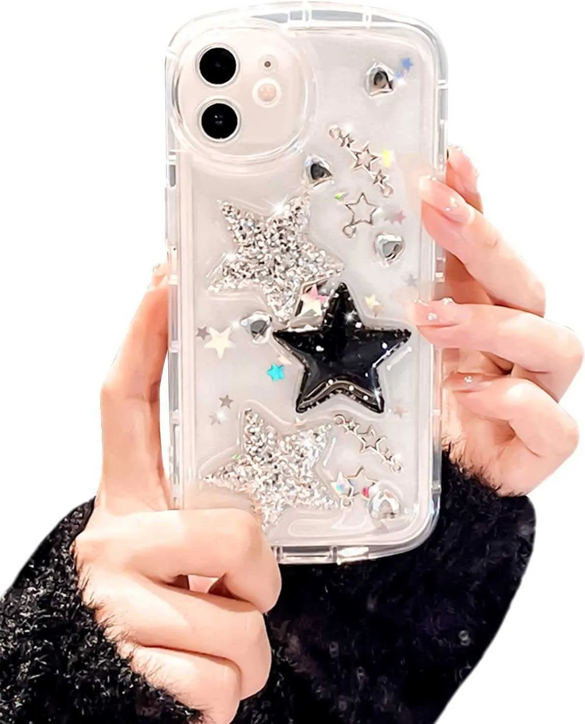 Obudowa iPhone Cute Glitter 3D Stars Crystal Heart Clear with Design estetyczne kobiety Teen Girl