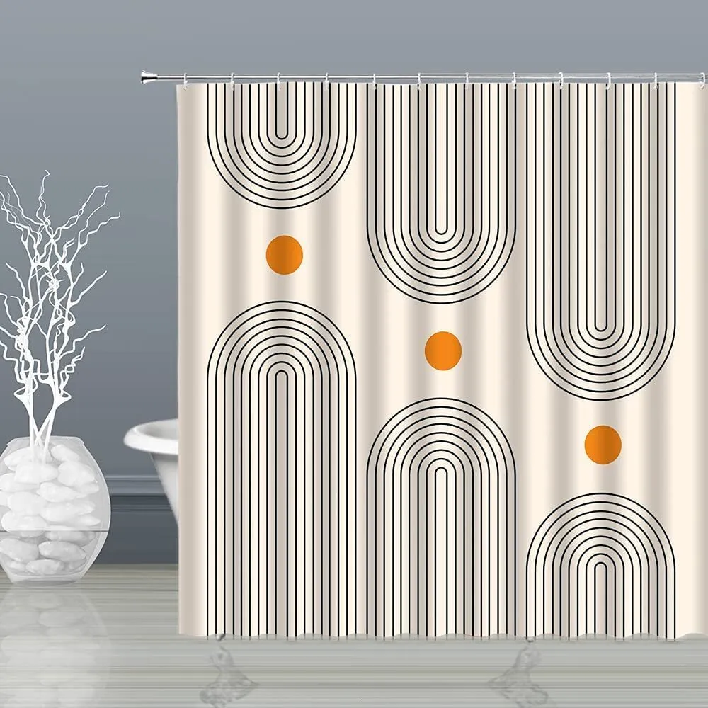 Shower Curtains Mid Abstract Century Shower Curtain Arch Sun Moon Minimalist Geometric Curve Stripe Fabric Christmas Landscape Bth Curtain Hook 230406