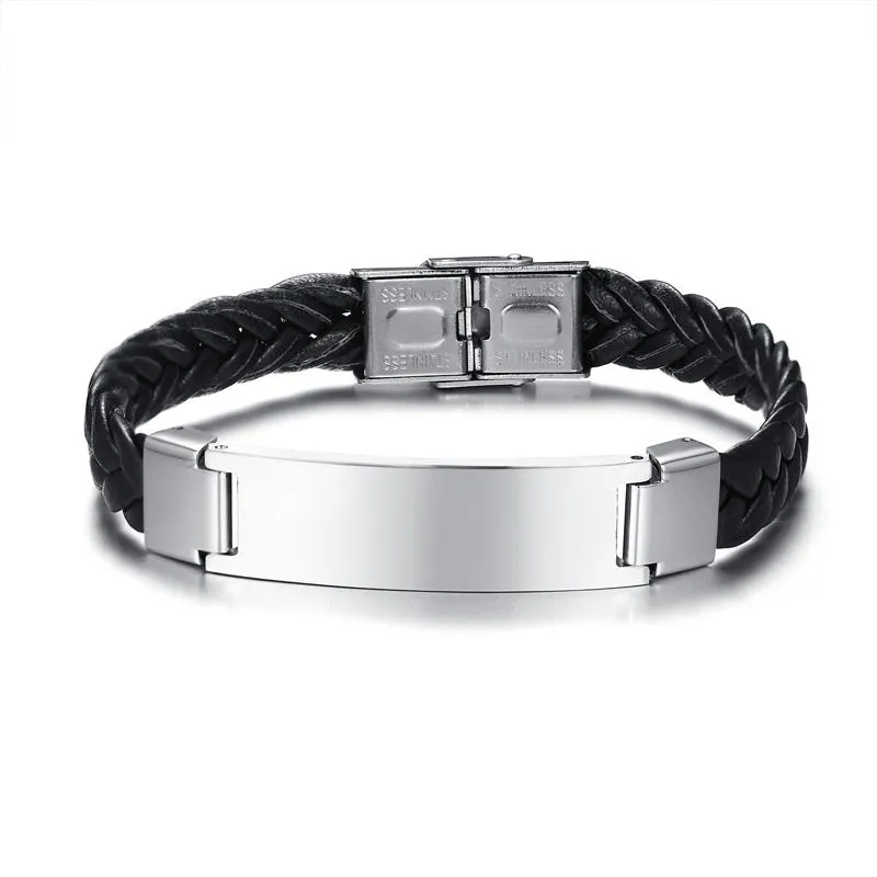 Bangle 2023 Fashion Metal Leather Braided Stainless Steel Curved PU Material Black And Can Be Engraved Simple Style Bracelet