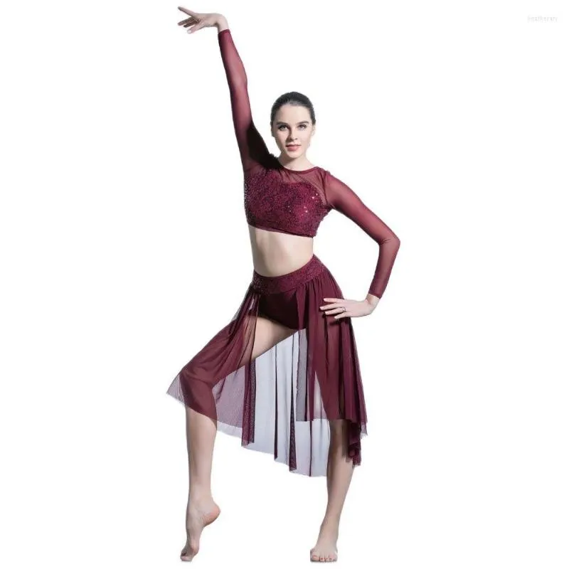 Abbigliamento da palcoscenico Top e gonna da ballo a maniche lunghe in rete 2 in 1 Performance di costumi lirici contemporanei per balletto 19600