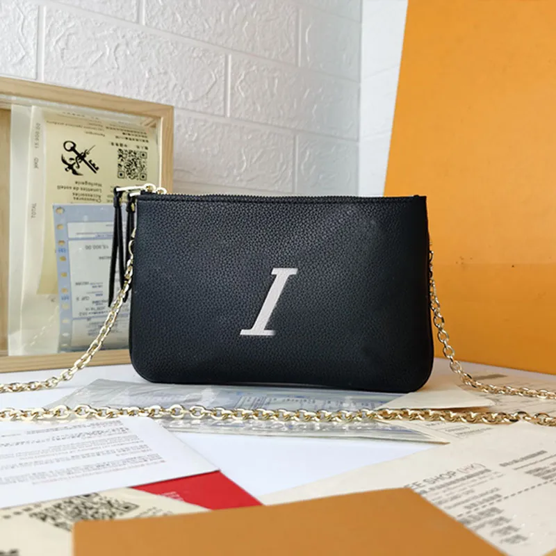Chain Crossbody Bag Double Zip Pochette Shoulder Bags Cowhide Leather Fashion Imprinted Letters Internal Credit Card Holder Women Wallets Silver Coin Pocket