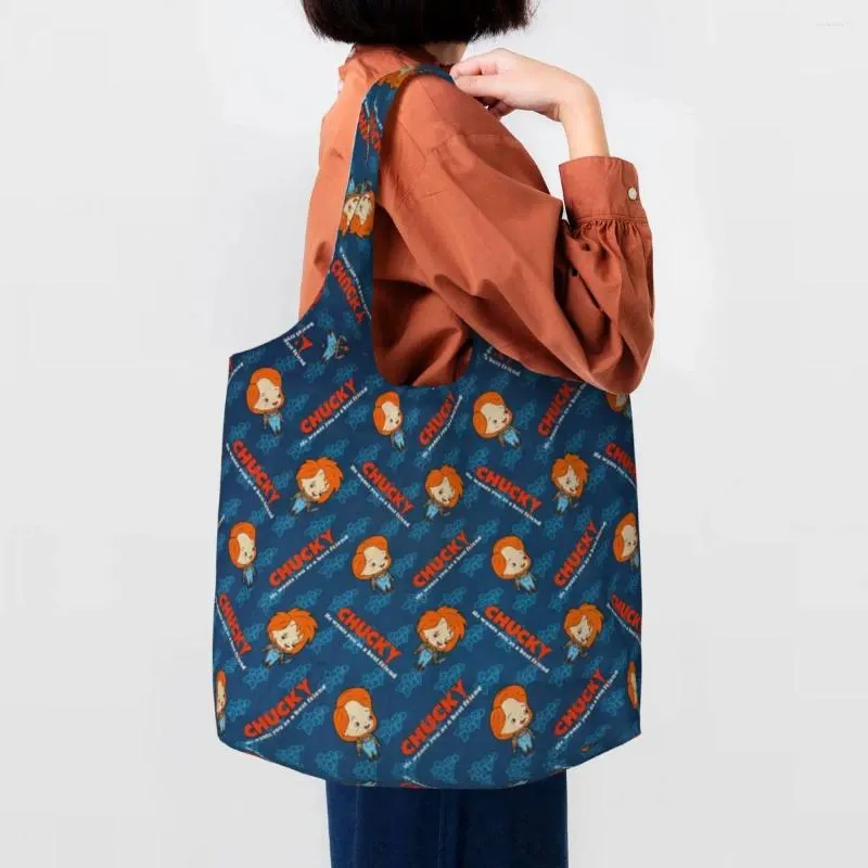 Alışveriş çantaları yeniden kullanılabilir iyi adamlar Chucky desen çantası kadın omuz tuval tote dayanıklı bakkal alışverişi el çantası