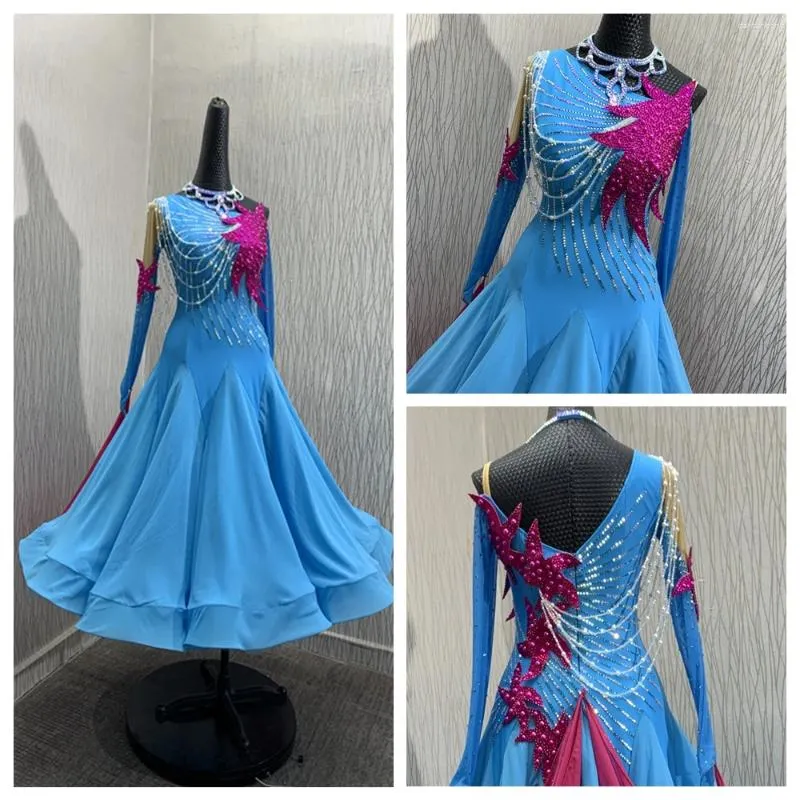 Stage Wear Ballroom Dance Dress Competition Dresses Light Blue Modern Waltz Tango