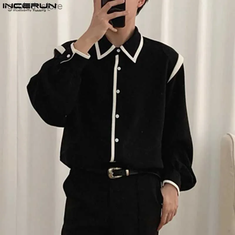 Männer Casual Hemden Tops 2023 Koreanische Stil Männer Schwarz Weiß Farbe Bluse Mode Gut Fitting Splicing Langarm Revers Tasten hemden S-5XL Q231106