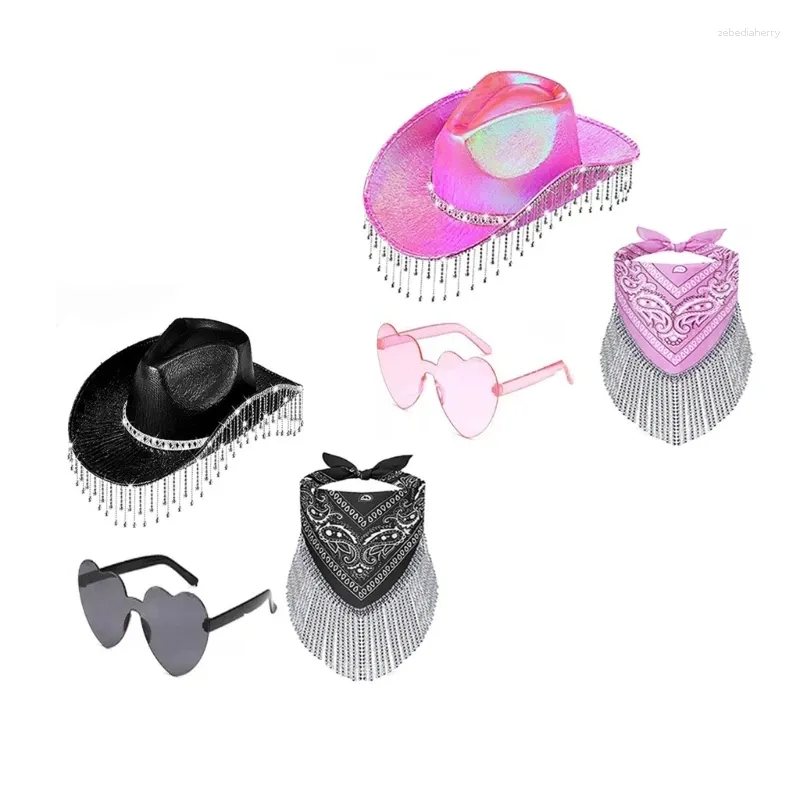 Berets Bandana Cowgirl Rhinestones Hat & Heart Sunglasses Set Party Props For Womens Teens Vintage Costume