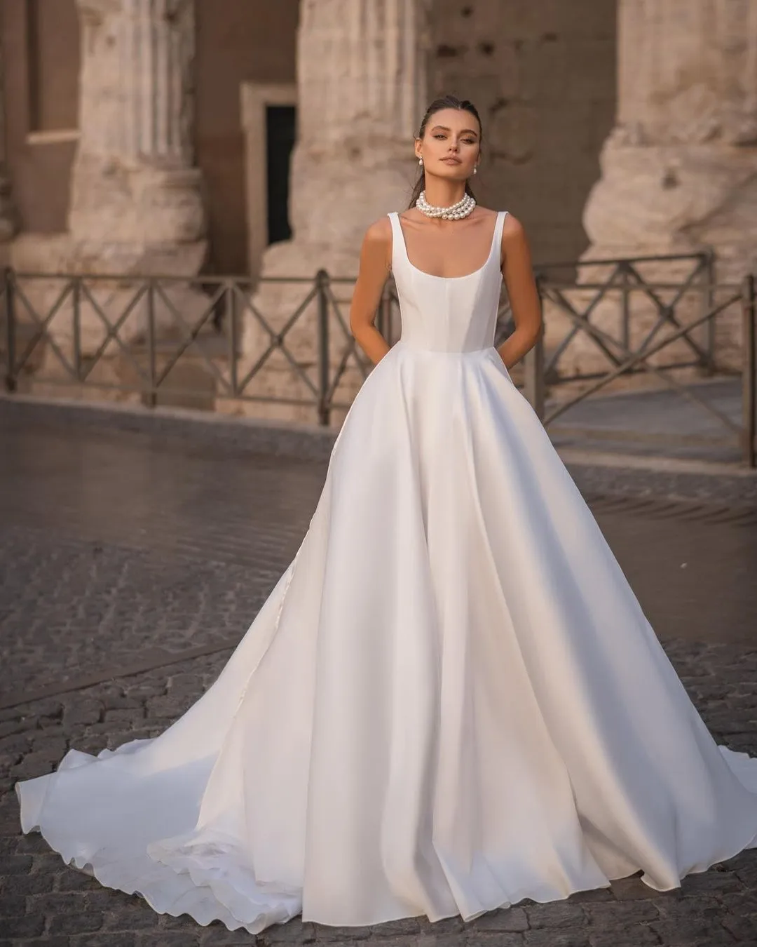 Designer Berta Satin A Line Wedding Dress With Straps And Backless