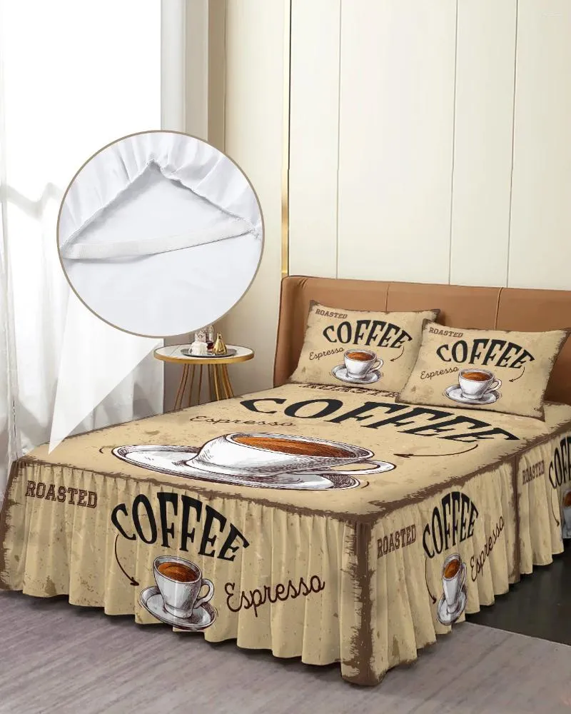 Copriletto elastico stile retrò caffè con gonna da letto con federe, coprimaterasso, set di biancheria da letto