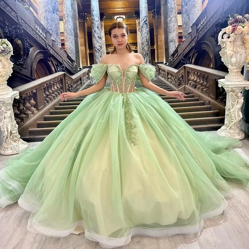 Olive Green Sweetheart Quinceanera Dress vestidos de xv anos Sleeveless Applique Beading Floral Mexican Sixteen Princess Gowns