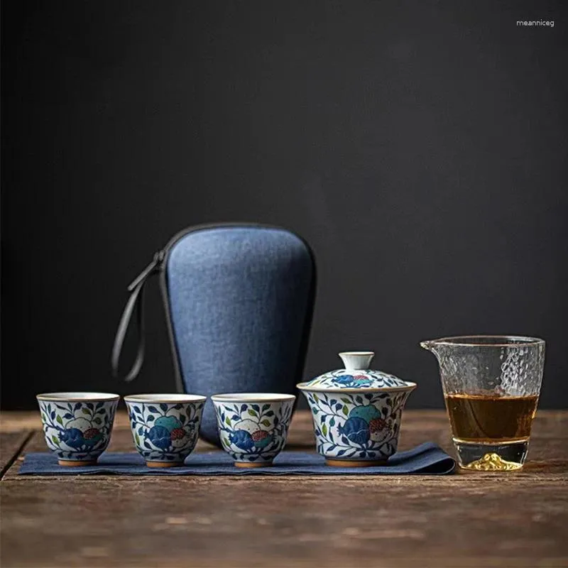 Set di stoviglie in porcellana bianca e blu, copri tazza Express, ciotola, borsa per il tè, set da viaggio portatile con una pentola e tre tazze