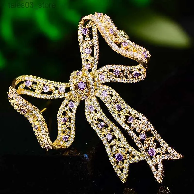 Pins Broches Vintage violet fascinant Zircon arc broche broche atmosphère élégante grand nœud papillon broches mode vêtements broche pour femmes Accessori Q231107